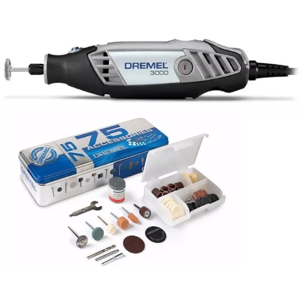 Minitorno Dremel 3000 10 accesorios COMBO lata con 75 accesorios