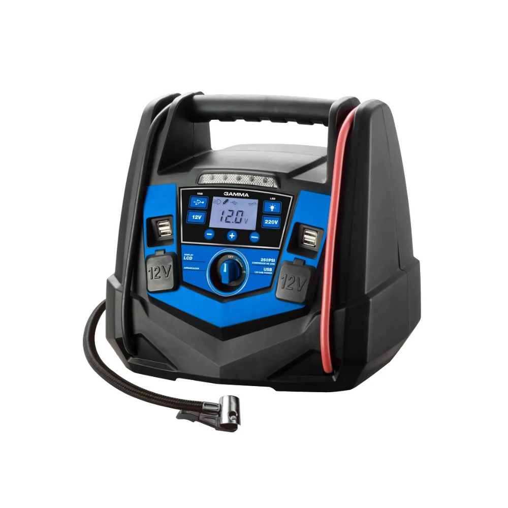 Arrancador y compresor Gamma G2716AR – 12V, pico 1500A, compresor 260 PSI, batería 18Ah, 4×USB y LED