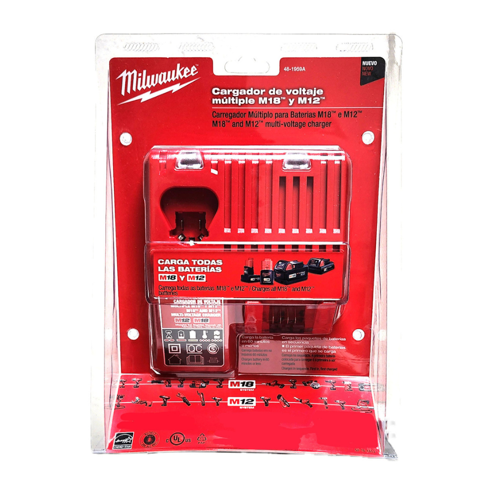 Cargador doble Milwaukee M18/M12 – multivolt, LED de estado y protección electrónica