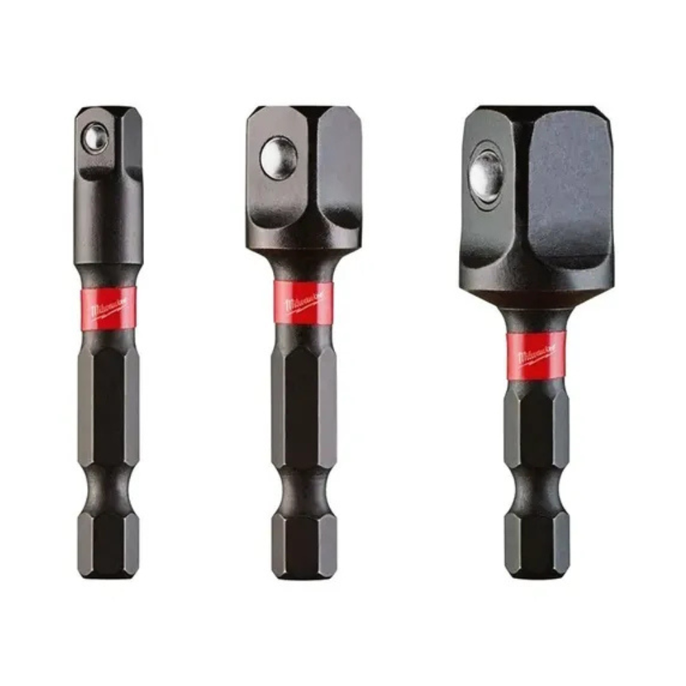 Juego de adaptadores Milwaukee Shockwave – 3 pzas 1/4–3/8–1/2, hex 1/4", acero forjado