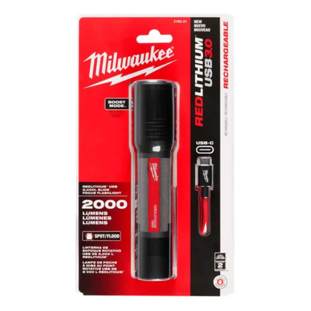 Linterna Milwaukee 2000 lm – Enfoque deslizante, USB-C, 4 modos, cuerpo de aluminio