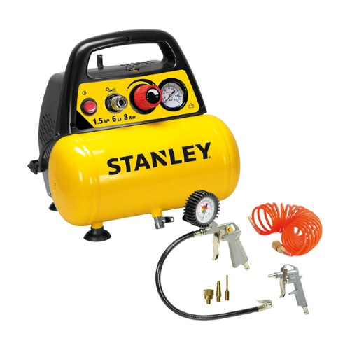 Compresor Stanley 6 L – 1.5 HP, 180 L/min, 8 bar, oil-free + kit 6 piezas