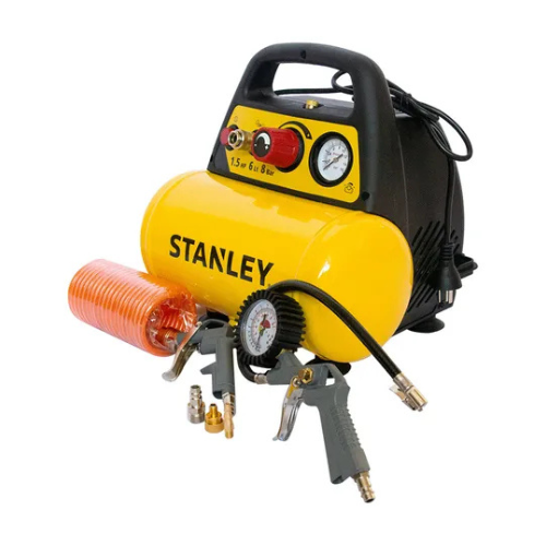 Compresor Stanley 6 L – 1.5 HP, 180 L/min, 8 bar, oil-free + kit 6 piezas