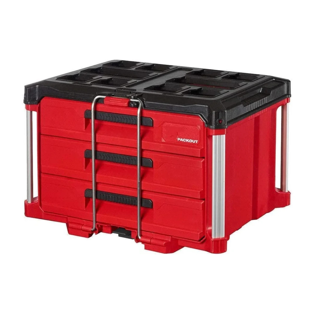 Caja de herramientas Milwaukee PACKOUT 3 cajones – 48-22-8443, 50 lb, barra de seguridad, divisores Quick-Adjust