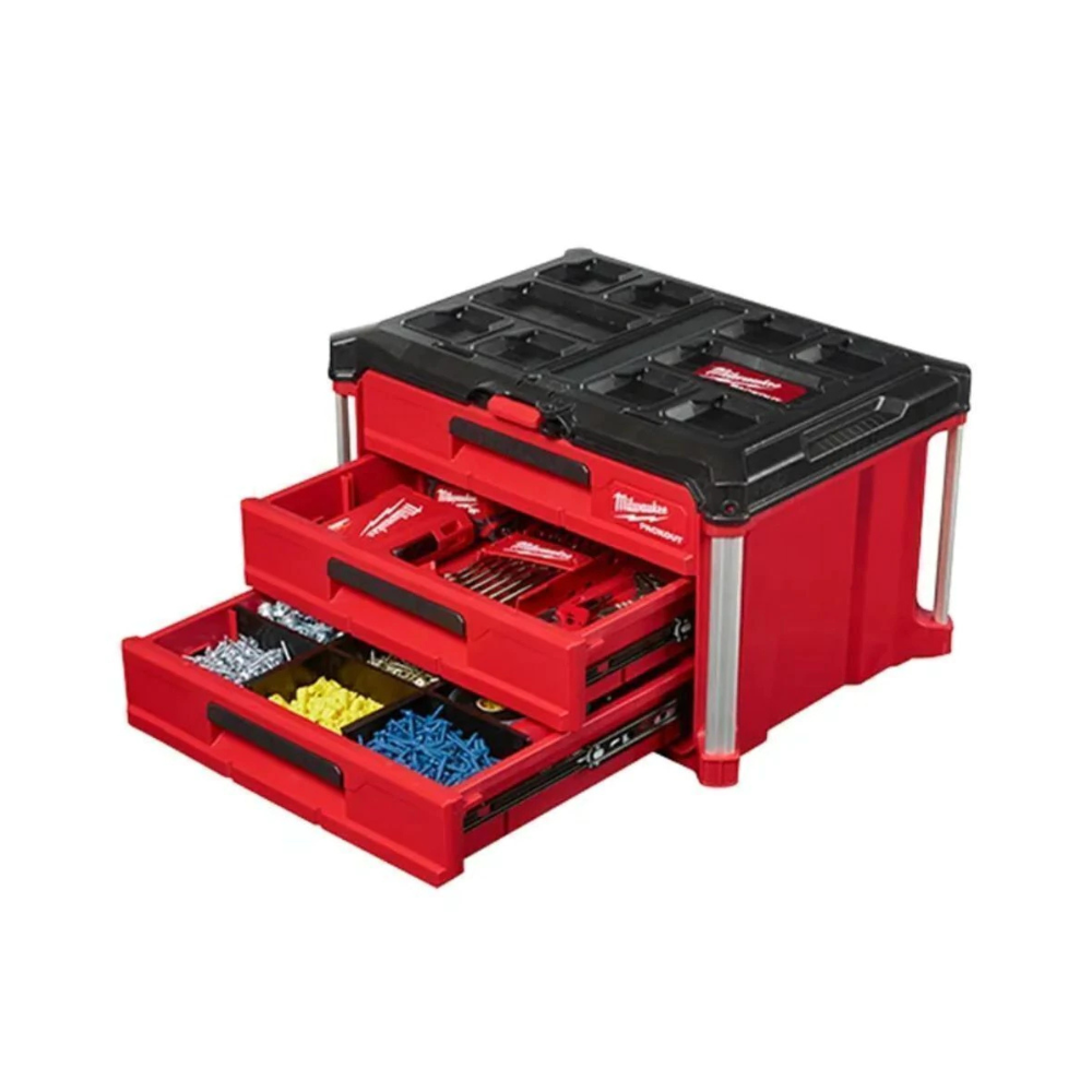 Caja de herramientas Milwaukee PACKOUT 3 cajones – 48-22-8443, 50 lb, barra de seguridad, divisores Quick-Adjust
