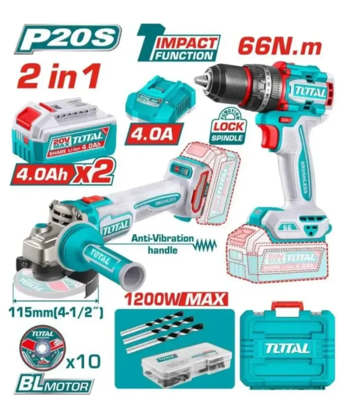 Kit Total taladro 66 Nm y amoladora 1200W con 2 baterías